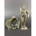 SOUTH EAST ASIAN BRONZE of a man standing wearing a conical hat and holding a spear, height 18cm;