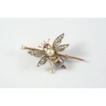 A DIAMOND AND PEARL SET INSECT BROOCH set with rose-cut diamonds and untested pearls, with ruby