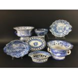 COLLECTION OF BLUE TRANSFER PRINTED WARES in various patterns including Fairy Villas, Abbey Gate,