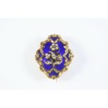 A VICTORIAN ENAMEL, PEARL AND GOLD BROOCH the central section of royal blue guilloche enamel with