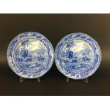 DEATH OF THE BEAR two Spode blue transfer printed pearlware plates from the Indian Sporting