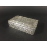 CHINESE EXPORT SILVER CIGARETTE OR JEWELLERY BOX with scrolling floral and bird decoration in