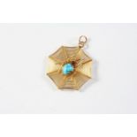 A GOLD AND GEM SET SPIDER'S WEBB PENDANT the spider mounted with an oval turquoise and a circular