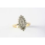 A DIAMOND MARQUISE-SHAPED CLUSTER RING centred with three circular-cut diamonds within a surround of