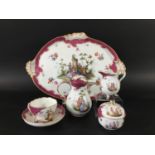 MEISSEN CABARET SERVICE 20th century, painted with Watteauesque scenes with pink scale borders,