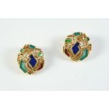 A PAIR OF 1970'S ENAMEL AND GOLD CLIP EARRINGS of geometric shape, the 18ct gold openwork earrings