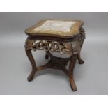 CHINESE HARDWOOD AND MARBLE URN STAND with pierced, scrolling apron and X shelf stretcher, height