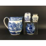 COLLECTION OF BLUE TRANSFER PRINTED PEARLWARE JUGS to include Imperial Measure, a finch in