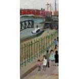 •FRED YATES (1922-2008) THE RED BRIDGE Signed, the signature apparently partially cut, oil on