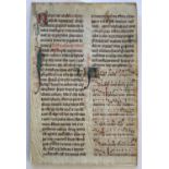 A MANUSCRIPT LEAF possibly French, c.1400, each side with two columns of text and several staves