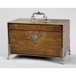 GEORGE III MAHOGANY AND SILVER MOUNTED TEA CADDY of rectangular form with ebony and boxwood line