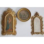 THREE DECORATIVE FRAMES comprising a gilded wood sunburst frame, with `Madonna della Stella` after