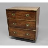 CAMPAIGN STYLE TEAK CHEST OF DRAWERS mid/later 19th century, with three long drawers and brass