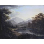 AMERICAN (?) SCHOOL, 19th CENTURY LANDSCAPE SCENE WITH A WOODED LAKE, DISTANT MOUNTAINS BEYOND Oil