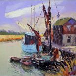 •JOHN LAWRENCE (b.1940) MOORED AT SNAPE Signed, oil on canvas 28.5 x 28.5cm. Provenance: Aldeburgh