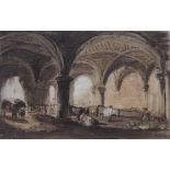 JOHN VARLEY (1778-1842) CHILDREN AND CATTLE IN A RUINED CRYPT Watercolour 10 x 16cm. Provenance: Mrs