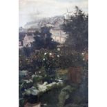 DAVID FULTON (1848-1930) A CITY GARDEN, WITH A WINDMILL BEYOND (EDINBURGH?) Signed, oil on canvas