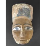 EGYPTIAN ANTIQUITIES: Egyptian polychrome painted wood sarcophagus mask from the lid of an