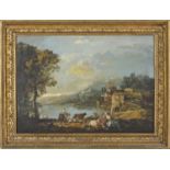 CIRCLE OF FRANCESCO ZUCCARELLI (1702-1788) ITALIAN LAKE SCENE, WITH BUILDINGS, FIGURES AND ANIMALS