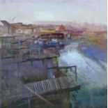 •FRED CUMING, RA (b.1930) RYE HARBOUR, EVENING AT LOW TIDE Signed, oil on Masonite 59.5 x 59.5cm.