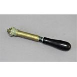 VICTORIAN EBONY AND BRASS TIPSTAFF with crown finial, length 22cm
