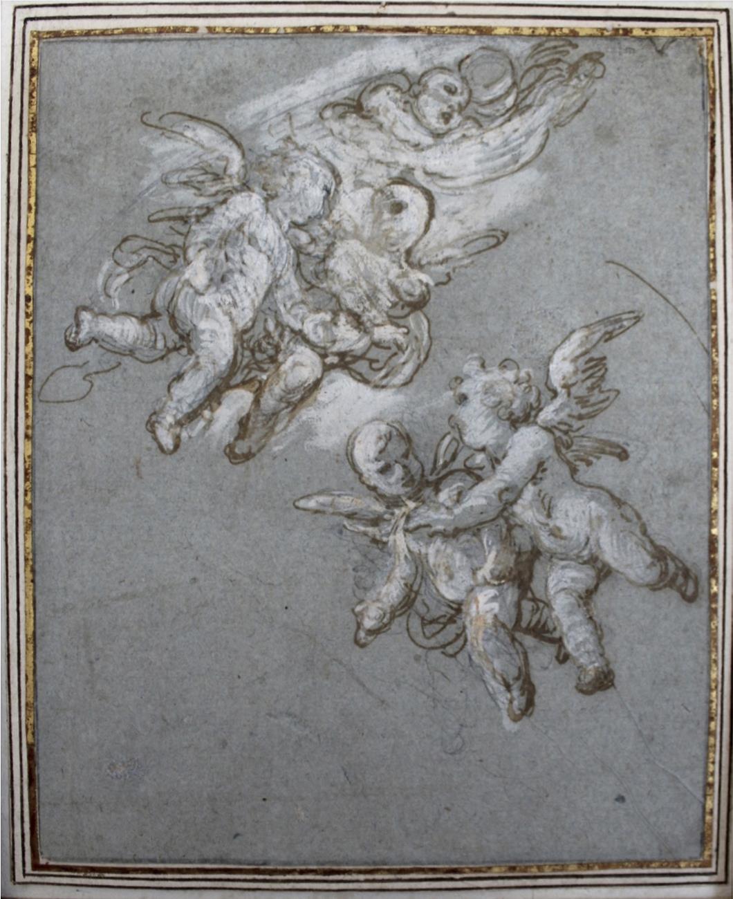 ITALIAN SCHOOL, Circa 1700 FLYING PUTTI Pen and brown ink, heightened with white, on blue paper 22.5