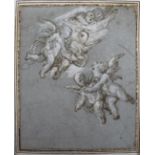 ITALIAN SCHOOL, Circa 1700 FLYING PUTTI Pen and brown ink, heightened with white, on blue paper 22.5