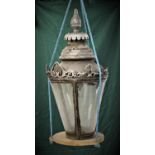 SILVERED COPPER STREET LANTERN with pierced lead scrolling and acanthus leaves and three curved