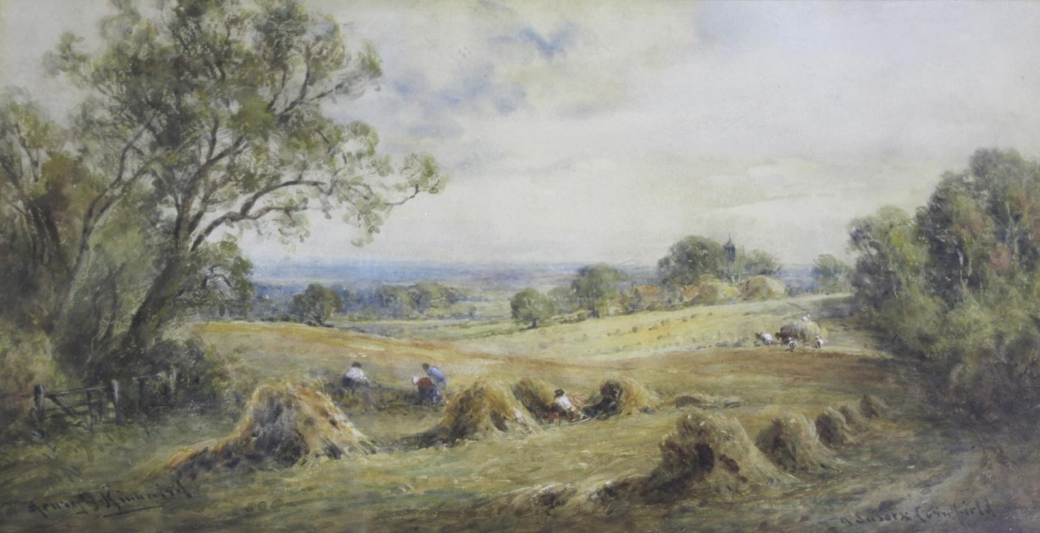 HENRY JOHN KINNAIRD (1861-1929) A SUSSEX CORNFIELD Signed and inscribed with title, watercolour