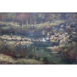 ANTONIO SALVETTI (1854-1931) HERDING SHEEP ACROSS A WOODLAND RIVER Signed and dated 1921, oil on