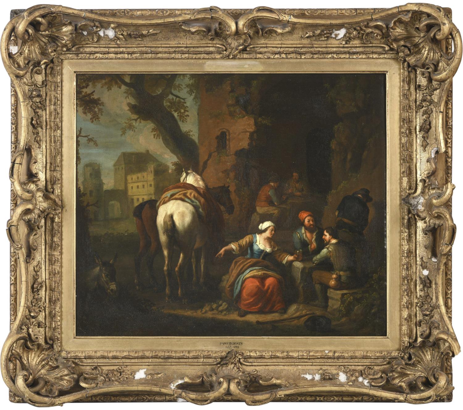 CIRCLE OF PIETER VAN BLOEMEN (1657-1720) FIGURES DRINKING OUTDOORS, HORSES NEARBY Oil on canvas 50.5