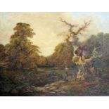 J** MILLER (mid-19th Century) DEER BY A RIVER FISH TRAP IN A FOREST CLEARING Signed, oil on