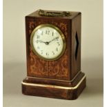 ROSEWOOD AND INLAID MANTEL TIME PIECE the 3 1/4" enamelled dial indistinctly inscribed on a brass