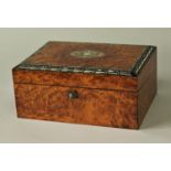 BURR WALNUT AND INLAID WRITING BOX the cover with abalone, ebony and bone inlay, fitted interior,