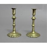 PAIR OF BRASS CANDLESTICKS possibly English and 18th century, the foliate sconce above a knopped
