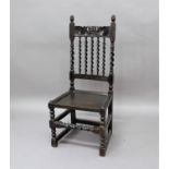 OAK HALL CHAIR mid-late 17th century, the top rail carved with a pierced crown flanked by acorn