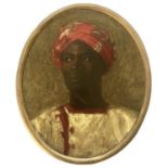 FOLLOWER OF JEAN DISCART (1855-1940) HEAD OF AN ARAB, WEARING A RED KUFIYA Oil on canvas laid on