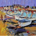 •JOHN LAWRENCE (b.1940) WAYWARD BOATS, WALBERSWICK Signed, oil on canvas 29 x 29cm. Provenance: