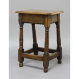 CAROLEAN STYLE OAK JOINT STOOL probably 19th century, the rectangular seat on splayed, turned legs