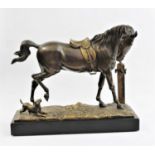 FRENCH PARCEL GILT BRONZE HORSE mid 19th century, standing before a post looking at a dog to his