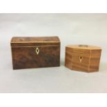 REGENCY YEW WOOD TEA CADDY with a domed cover and twin section interior, length 18.5cm; togther with