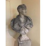 COMPOSITION STONE BUST OF A CLASSICAL LADY with a socle base, on a tapering, square section column