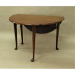 GEORGE III MAHOGANY OVAL DROP LEAF TABLE on tapering legs and pad feet, height 72cm, width 114cm,