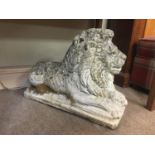 PAIR OF CAST STONE RECUMBENT LIONS head up, on a canted rectangular base, length 63cm (2)