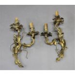 PAIR OF GILT METAL, ROCOCO STYLE WALL LIGHTS of two light, foliate form, height 42cm, width 24cm (