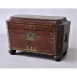 GEORGE III BRASS INLAID TEA CADDY possibly rosewood, of canted rectangular form, with glass