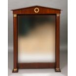 FRENCH EMPIRE STYLE WALL MIRROR the rectangular plate beneath a temple pediment and flanked by