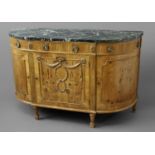 LOUIS XVI STYLE PINE DEMI-LUNE MARBLE TOP COMMODE bow fronted, the front with one true and two false
