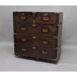 CAMPAIGN STYLE CHEST mid 19th century, probably teak, with brass mounts, in two sections, of two