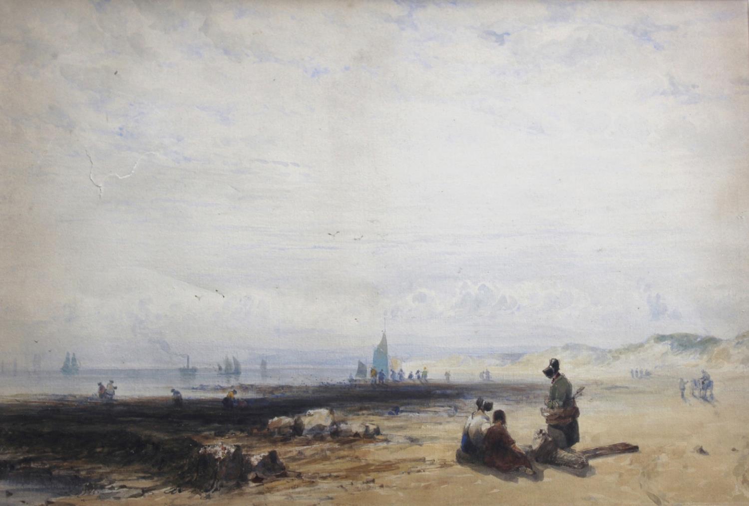 ATTRIBUTED TO JAMES BAKER PYNE (1800-1870) BEACH SCENE WITH FISHERFOLK Watercolour 30 x 44.5cm. ++